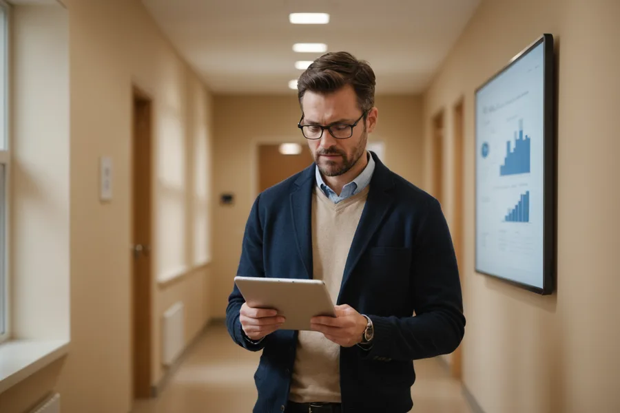 Medical science liaison reviewing source-grounded preparation materials on a tablet